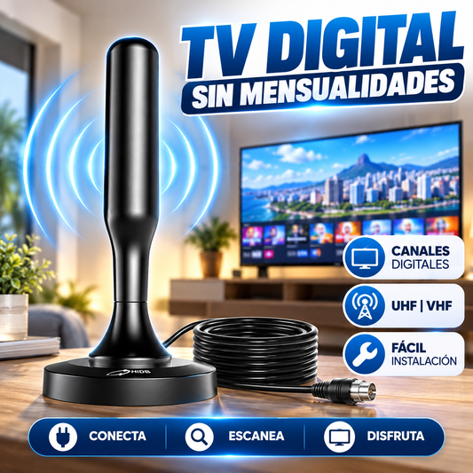 FreeSignal Max™ Antena digital para TV accede a canales abiertos gratis señal estable incluso en interiores con base magnética.