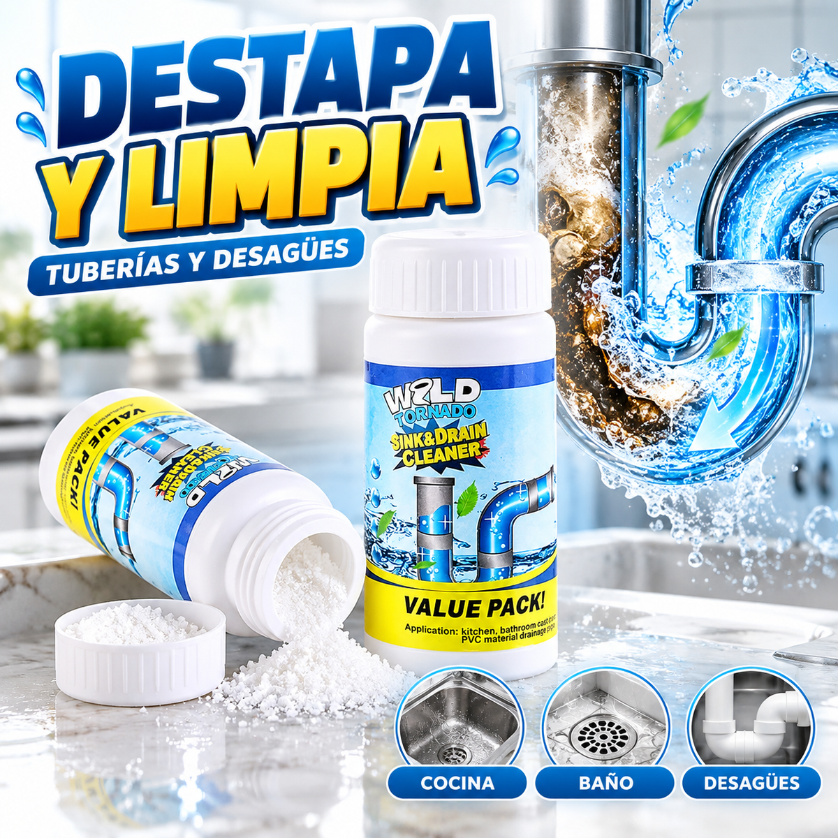 WildTornado™ Destapa Cañerias potente en minutos