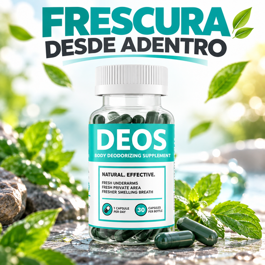 Deos OdorCleanse™ Suplemento desodorizante interno elimina el mal olor corporal frescura integral todo el día sin perfumes ni químicos agresivos.