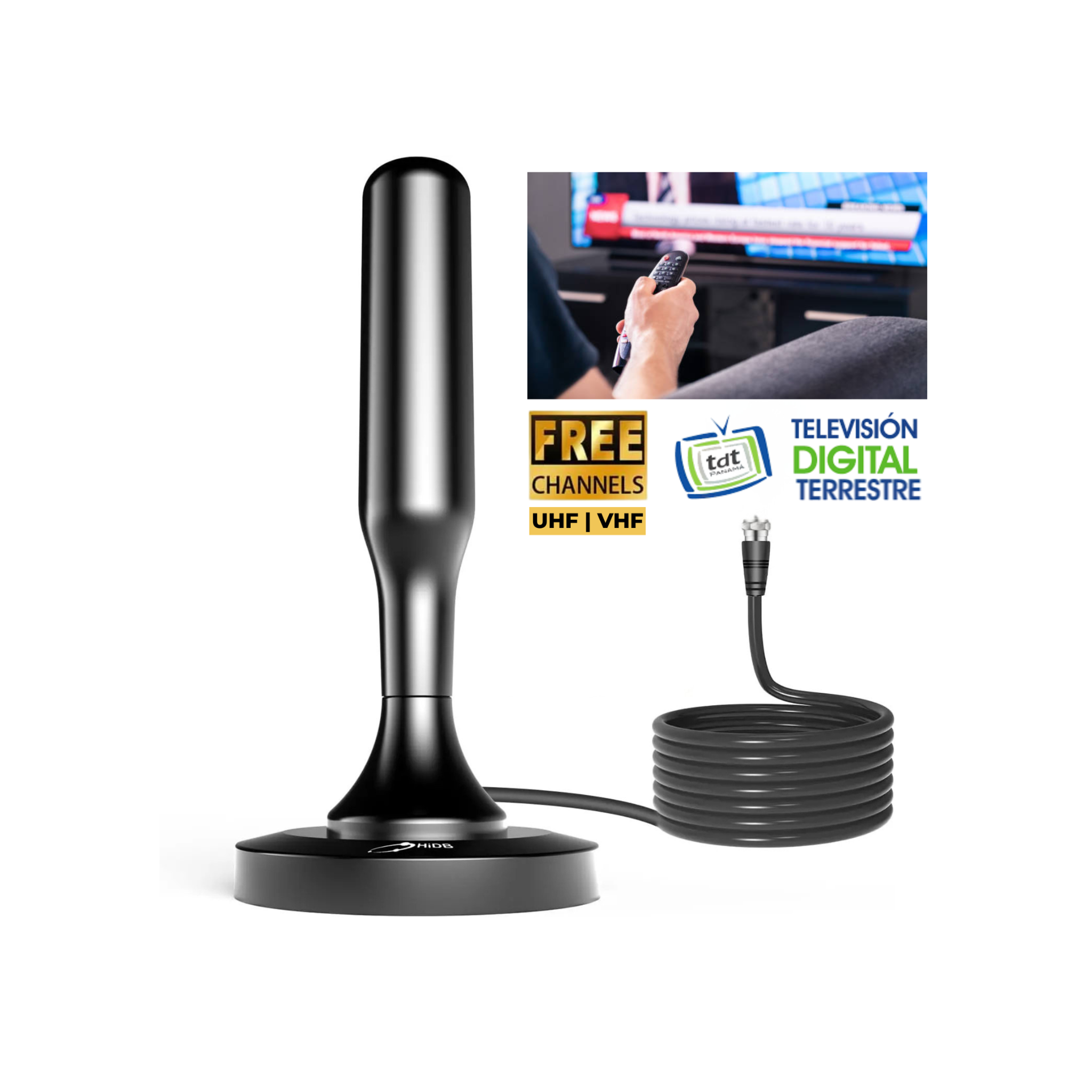 FreeSignal Max™ Antena digital para TV accede a canales abiertos gratis señal estable incluso en interiores con base magnética.